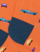 Lange Herrensocken aus leichter Baumwolle, orange, mit Auto-Motiv
