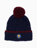 Gorro unisex de alpaca, algodón y lana con pompón y vuelta, azul, con trenzado liso y contrastes