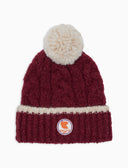 Gorro unisex de alpaca, algodón y lana con pompón y vuelta, burdeos, con trenzado liso y contrastes