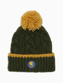Gorro unisex de alpaca, algodón y lana con pompón y vuelta, verde, con trenzado liso y contrastes