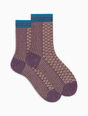 Kurze Damensocken aus violetter Baumwolle mit Twin-Rib-Muster und mikrogeometrischem Muster mit Glitzereffekt