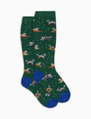 Calze lunghe bambino cotone caldo verde fantasia husky sulla neve