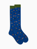 Lange Herrensocken aus leichter Baumwolle, blau, mit Katzenmotiv