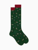 Lange Herrensocken aus leichter Baumwolle, grün, mit Katzenmotiv