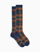 Women's long blue warm cotton socks with tartan motif