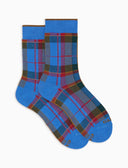 Kurze Damensocken aus warmer Baumwolle, hellblau, mit Tartanmuster