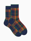 Kurze Damensocken aus warmer Baumwolle, blau mit Tartanmuster