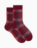Kurze Damensocken aus warmer Baumwolle, bordeauxrot mit Tartanmuster