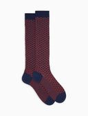 Lange Herrensocken aus Wolle, Seide und Kaschmir, blau mit geometrischem Muster
