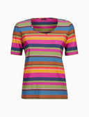 T-shirt donna maniche a 3/4 in jersey di cotone fucsia righe multicolor