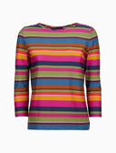 T-shirt donna maniche a 7/8 in jersey di cotone fucsia righe multicolor