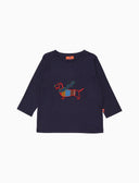 T-sirt girocollo maniche lunghe cotone bambino tinta unita blu con ricamo cane bassotto