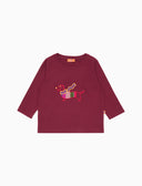Kids' burgundy cotton plain with dachshund embroidery long-sleeved long-sleeved crew neck T-shirt