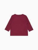 Kids' burgundy cotton plain with dachshund embroidery long-sleeved long-sleeved crew neck T-shirt