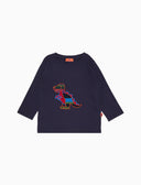 T-sirt girocollo maniche lunghe cotone bambino tinta unita blu con ricamo dinosauro