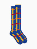 Warme lange Herren Socken aus Baumwolle, blau, mit geometrischem Tartanmuster