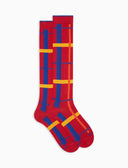 Warme lange Herren Socken aus Baumwolle, rot, mit geometrischem Tartanmuster