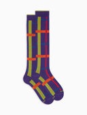 Lange Herrensocken aus warmer Baumwolle, violett, mit geometrischem Tartanmuster
