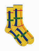Calcetines cortos para hombre de algodón cálido, amarillos, con estampado tartán geométrico