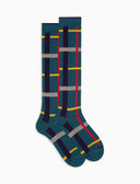 Lange Damensocken aus warmer Baumwolle in Pfauenblau mit geometrischem Tartanmuster