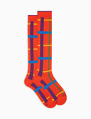 Calcetines largos de mujer de algodón cálido naranjas con estampado de tartán geométrico
