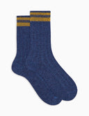 Calcetines cortos unisex de lana y seda azules de canalé con efecto de pequeños botones