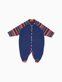 Baby's light blue fleece footed sleepsuit with solid-color design and Multicolor stripe inserts