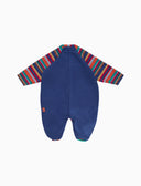 Baby's light blue fleece footed sleepsuit with solid-color design and Multicolor stripe inserts