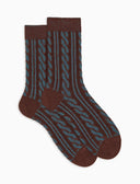 Calze corte unisex lana e cotone marrone lavorazione trecce a due colori