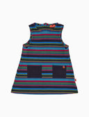 Ärmelloses Mädchenkleid aus Fleece in Blau mit Multicolor-Streifen und einfarbigen aufgesetzten Taschen