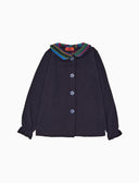 Blusa infantil de manga larga de forro polar azul liso con cuello de rayas Multicolor