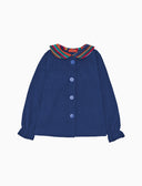 Blusa infantil de manga larga de forro polar celeste liso con cuello de rayas Multicolor