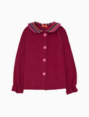 Blusa infantil de manga larga de forro polar rosa liso con cuello de rayas Multicolor