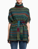 Women's fringed poncho in virgin wool with a multicolor green gradient
