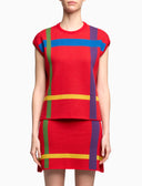 Women's red wool waistcoat with tartan motif