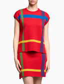 Women's red wool waistcoat with tartan motif