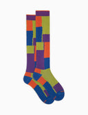 Calze lunghe donna cotone caldo blu fantasia blocchi di colore