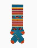 Calze lunghe donna cotone azzurro con righe multicolor e Fiat Topolino