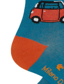 Calze lunghe donna cotone azzurro con righe multicolor e Fiat Topolino